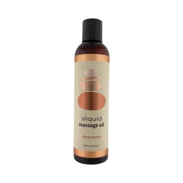 Sliquid Citrus Neroli Massage Oil 8.5 oz bottle with black cap and coral label