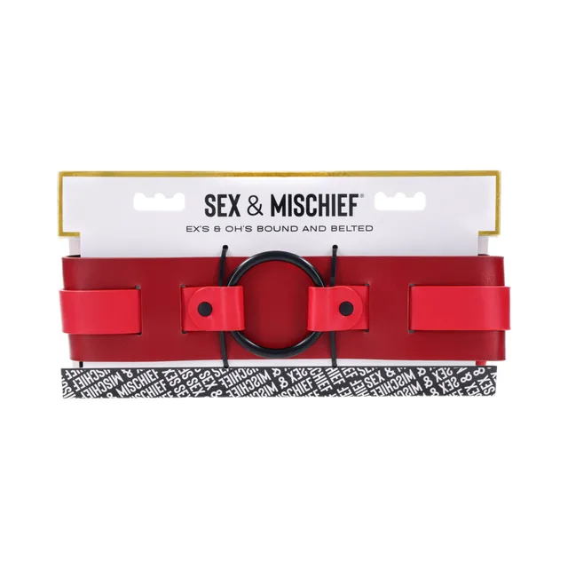 Packaged red Ex's and Oh's restraint belt with black O-ring and branded card