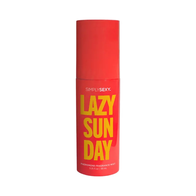 red Simply Sexy Lazy Sunday 3.35 oz fragrance mist cylinder with yellow lettering