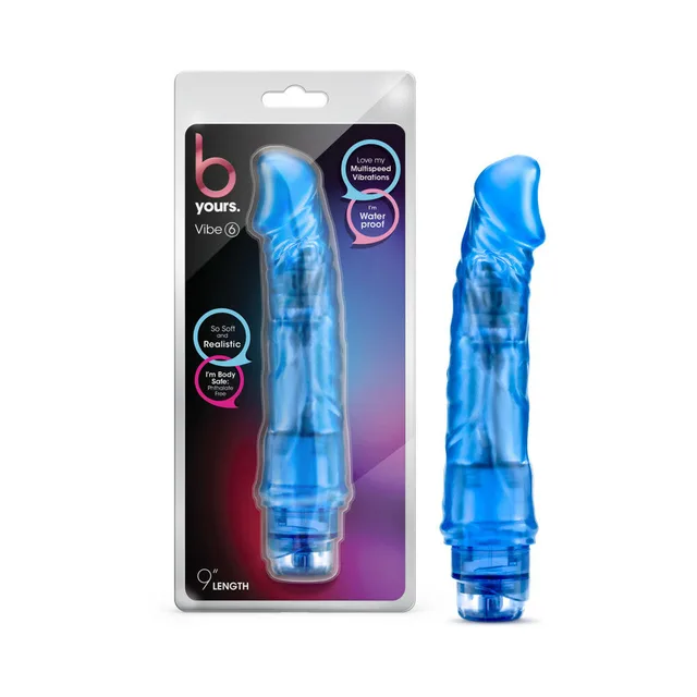 B Yours Vibe 6 Blue vibrator beside retail package