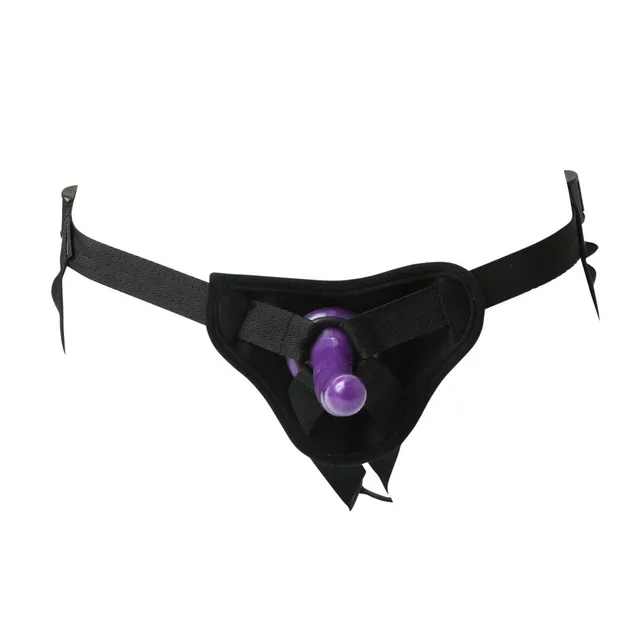 Black Sportsheets adjustable harness fitted with purple dildo