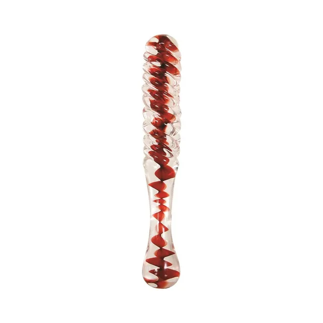 Adam & Eve Sweetheart Swirl red glass dildo full horizontal view of clear body and red spiral