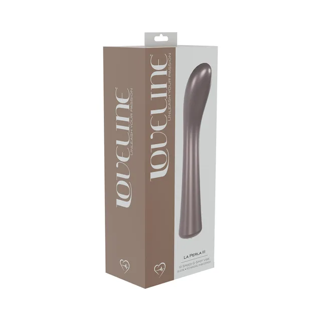 light pink LoveLine La Perla III curved G-spot vibrator on taupe retail box