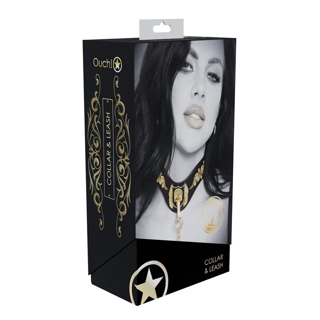 black London collar with gold embroidered panel and chain leash on box