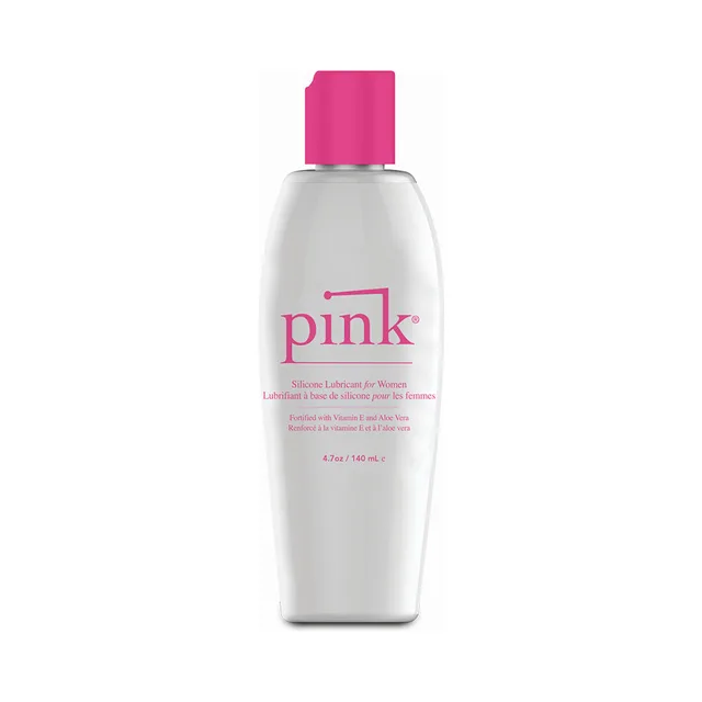 clear 4.7 oz Pink silicone lubricant bottle with bright pink cap and pink lettering