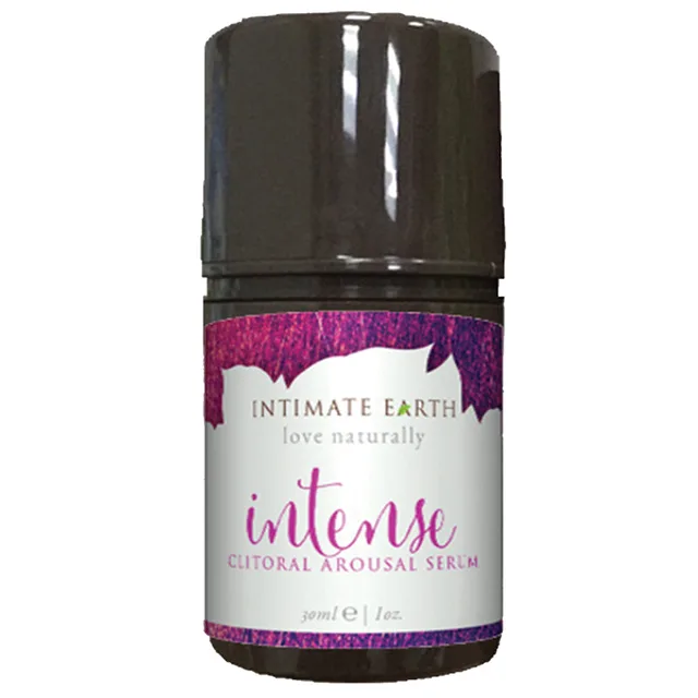 Intimate Earth Intense Serum dark 1 oz roll-on bottle with magenta white label