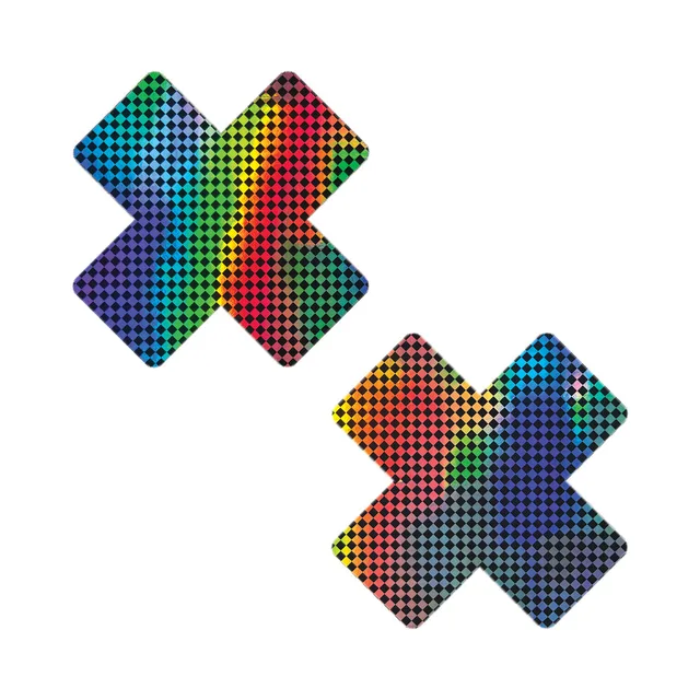 pair of rainbow holographic X-shaped nipple pasties with small black checkerboard pattern