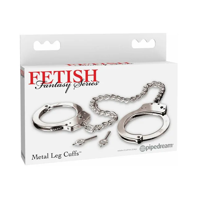 Fetish Fantasy silver metal leg cuffs with chain and keys in white box