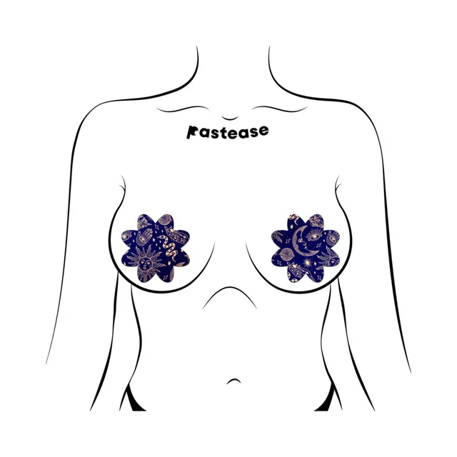 Pastease midnight celestial sun & moon petal breast pasties front placement illustration on a torso outline