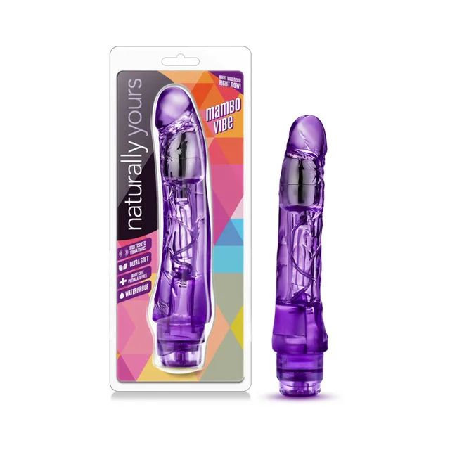 Purple Mambo Vibe vibrator beside Naturally Yours retail card