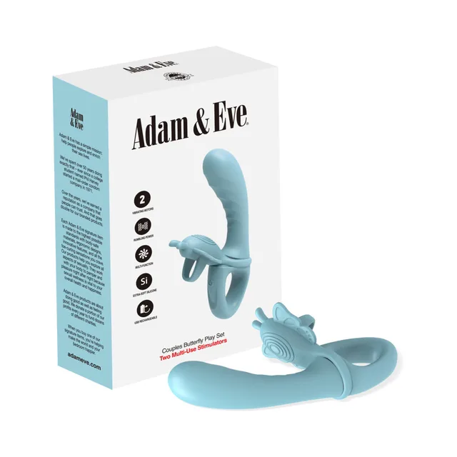 Adam & Eve teal Butterfly vibrator set pictured with white retail box