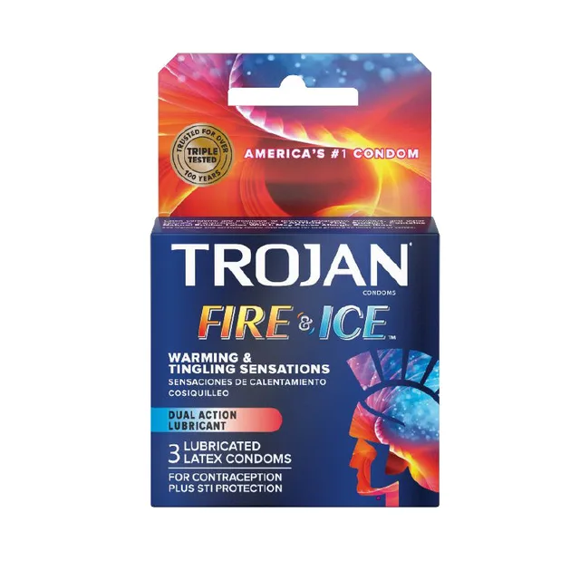 Blue, orange, and black Trojan Fire & Ice carton containing three lubricated latex condoms
