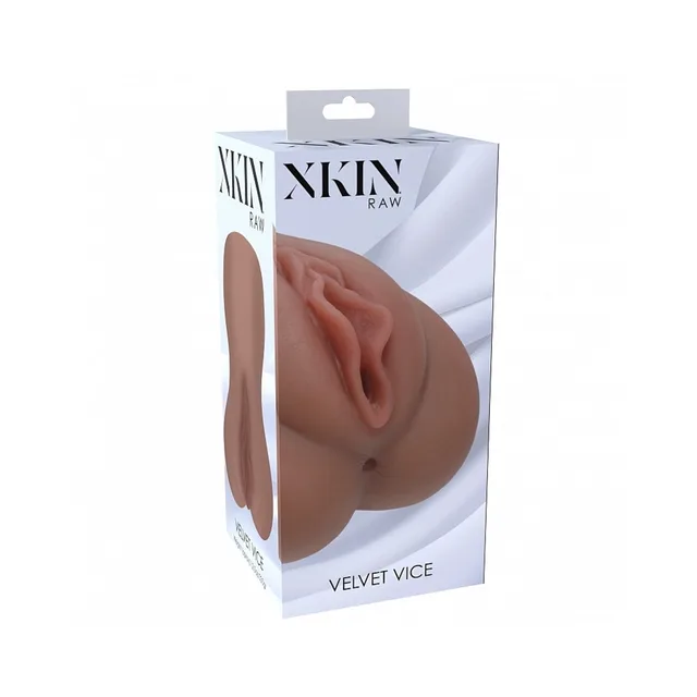 Brown Xkin Raw Velvet Vice stroker in white display box