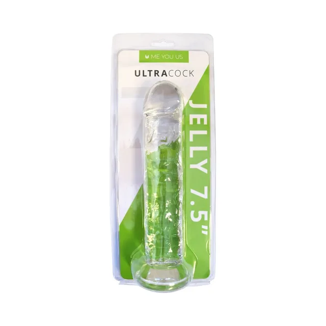 Me You Us Ultracock clear 7.5-inch jelly dong front view inside white-and-green hanging blister package