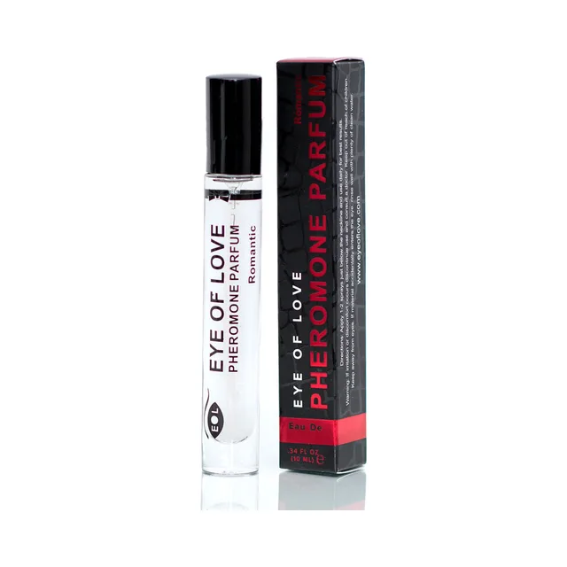 Romantic 10 ml clear roll-on beside black and red Eye of Love carton
