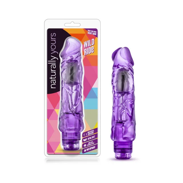 Purple Wild Ride vibrator displayed beside Naturally Yours retail card