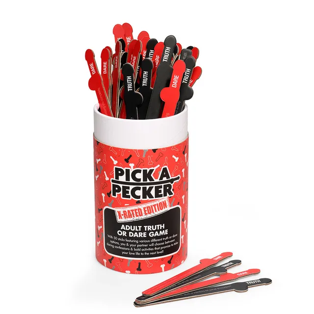 Pick A Pecker X-Rated adult truth or dare game red cylinder holding red and black prompt sticks