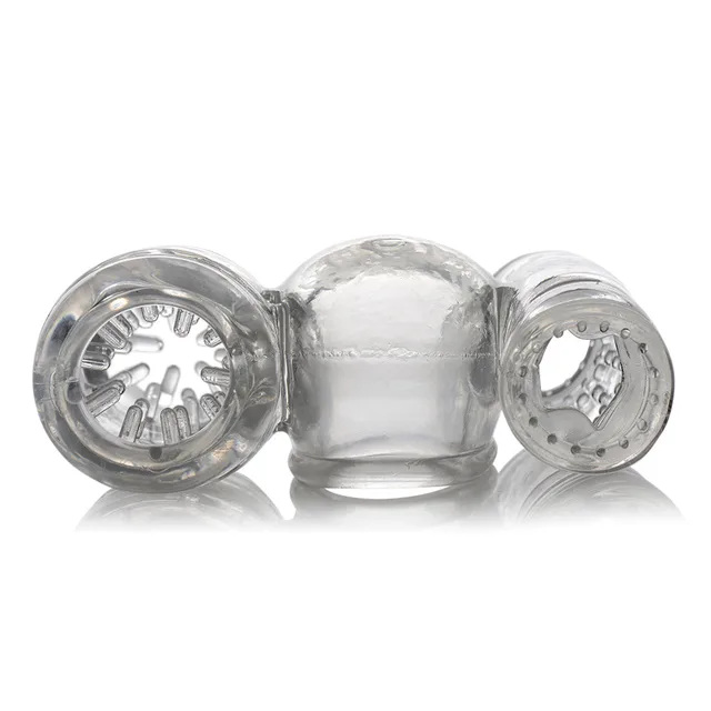 XR Brands Twin Turbo clear dual stroker attachment detached horizontal view with open and closed textured sleeves