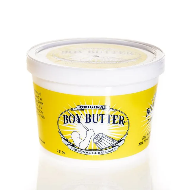 Boy Butter Original 16 oz white tub with yellow wraparound label and snap-on lid