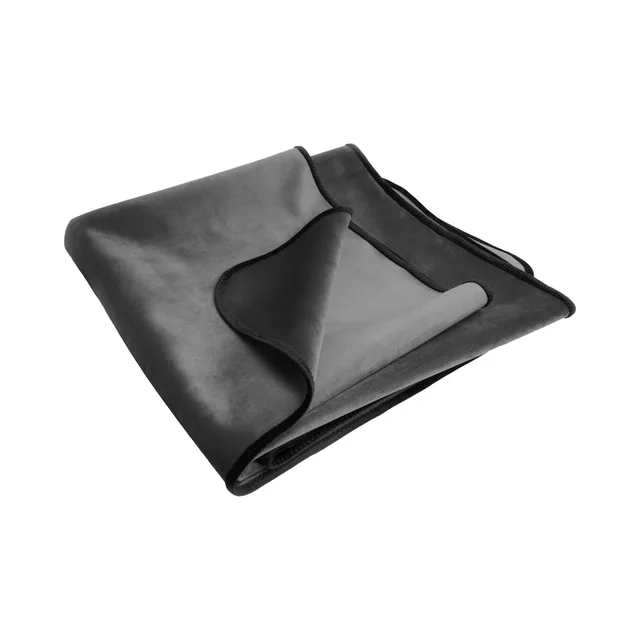 folded grey Liberator Fascinator Travel throw with dark rounded edging