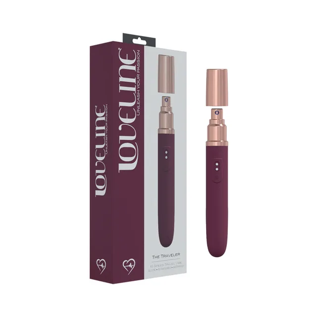 burgundy LoveLine Traveler slim vibrator with rose-gold cap and box