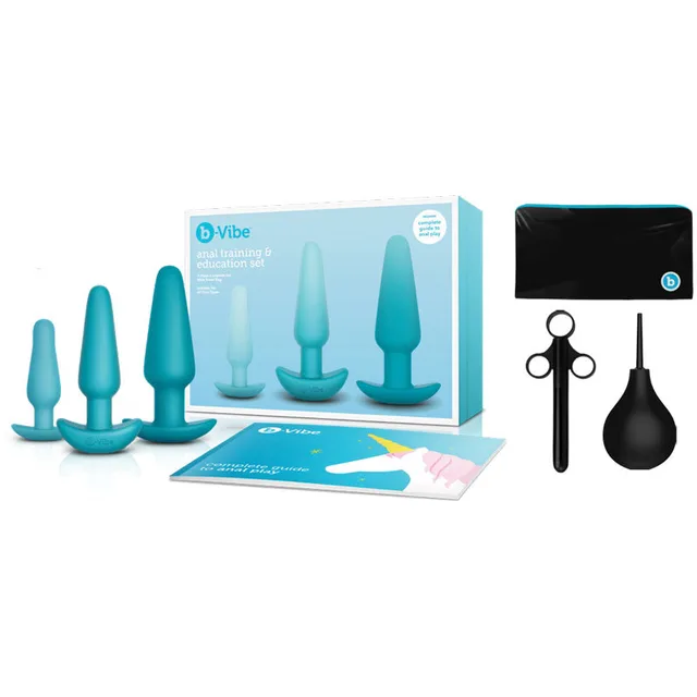 b-Vibe teal anal training set aqua presentation box with graduated plugs, guide cards and black tool silhouettes