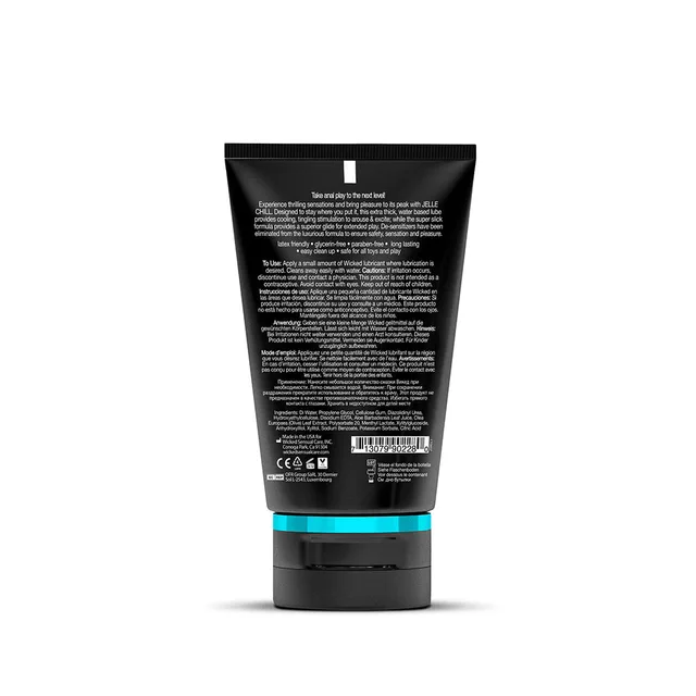 Wicked Jelle Chill 4 oz lubricant rear black tube with dense white text, barcode and turquoise band