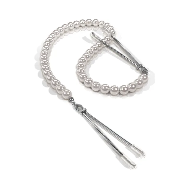 silver tweezer clamp pair connected by white faux pearls