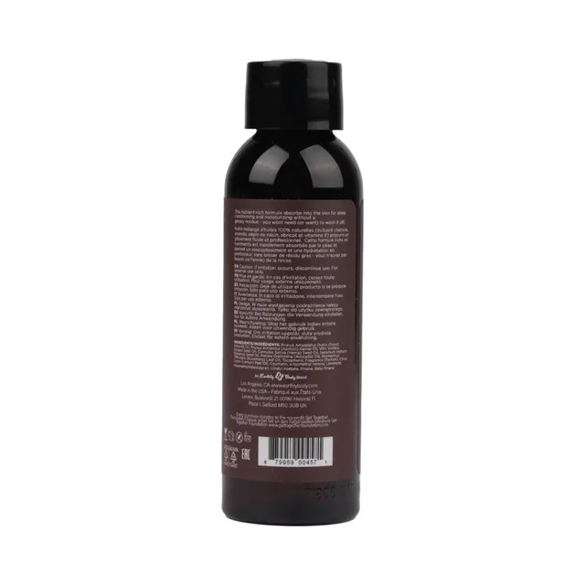 Earthly Body Skinny Dip Massage Oil black bottle rear with ingredients text and barcode