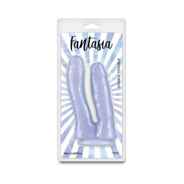 Fantasia Double Trouble Azure periwinkle two-prong TPE dildo in blister