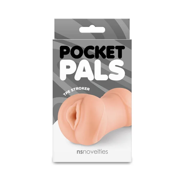 Tan Pocket Pals vagina stroker in gray retail packaging