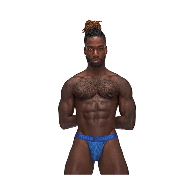 Close front view of royal blue Male Power Sexagon Strappy Ring jock