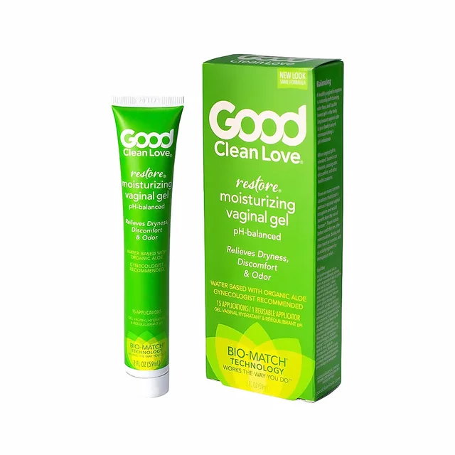 green Good Clean Love Restore 2 fl oz gel tube beside matching carton