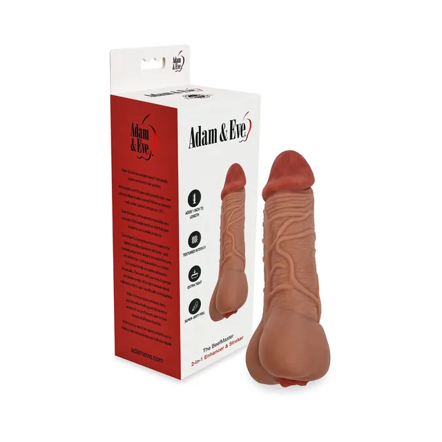 Adam & Eve Beefmaster tan 2-in-1 product beside white red box
