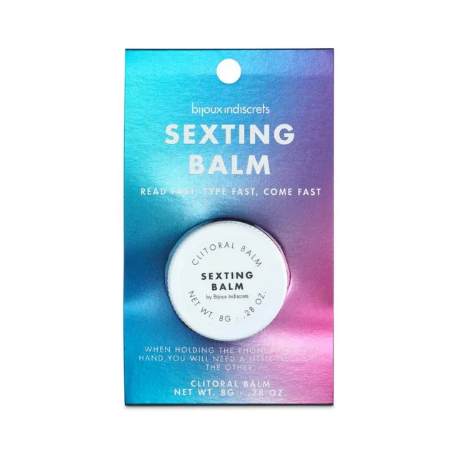 Sexting Balm clitoral balm jar mounted on a turquoise purple gradient retail card