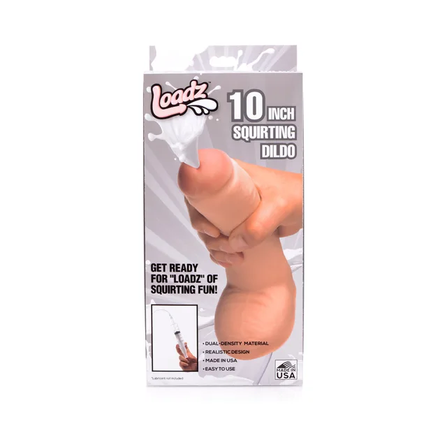 light brown Loadz 10-inch dual-density squirting dildo on tall gray box