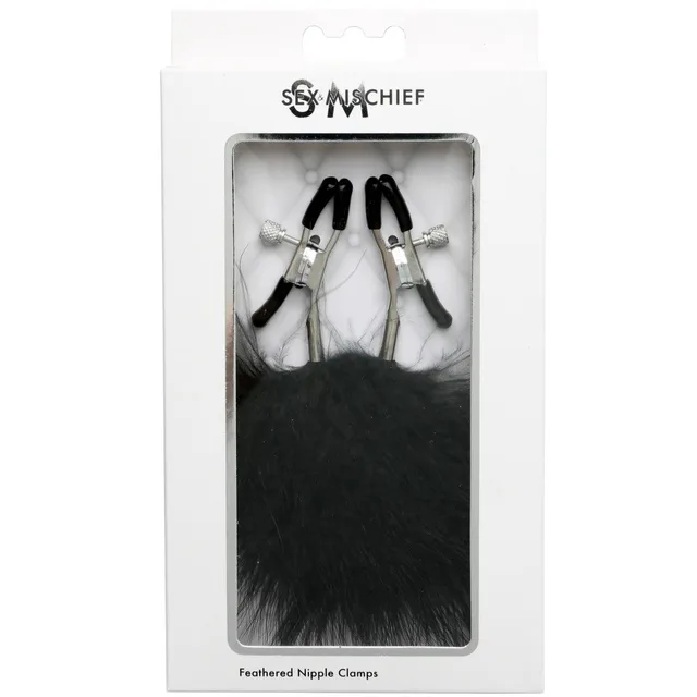 Sex and Mischief Feather Clamps black feather clamps in white window box