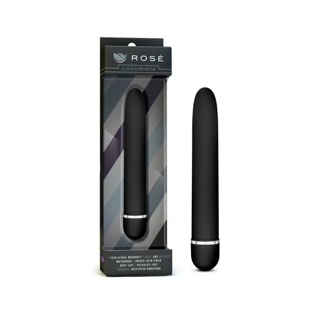 Rose Luxuriate Classic black slimline vibrator beside retail box