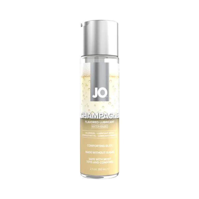 clear 2 oz System JO Champagne lubricant bottle with silver cap and gold label