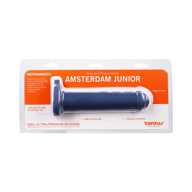 Tantus Amsterdam Junior ocean blue dildo in clear retail package