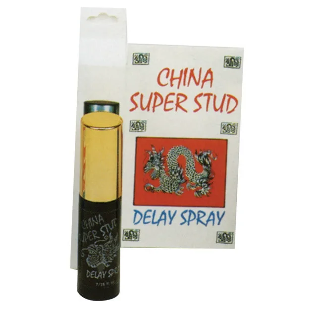 Black China Super Stud spray beside white illustrated carton