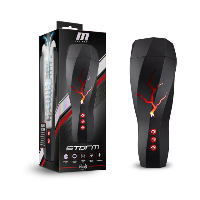 Black M for Men Storm device beside matching retail box