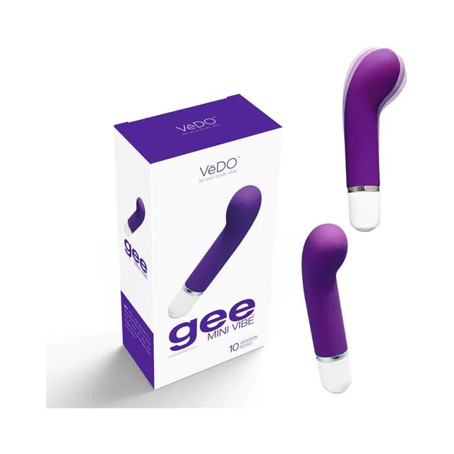 VeDO Gee Into You Indigo mini vibrator beside purple retail box