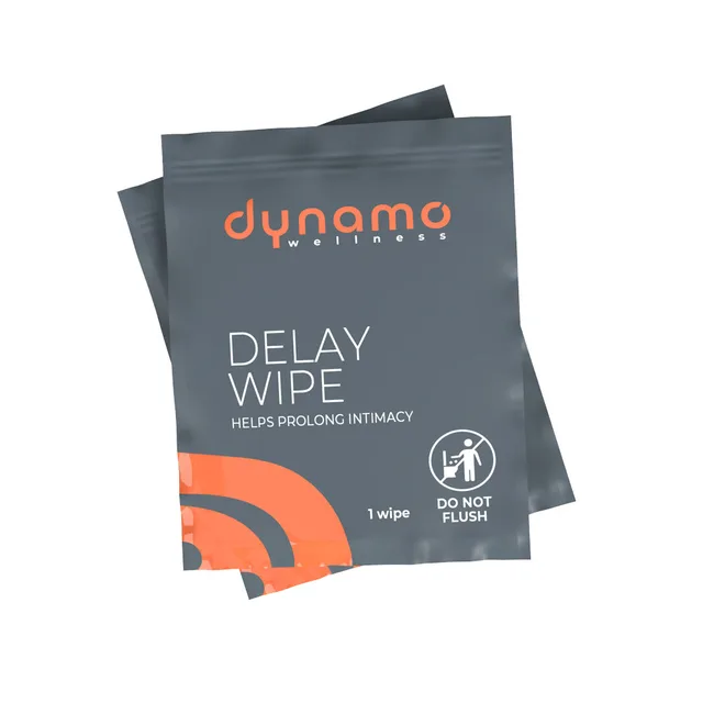 Stack of dark-gray Dynamo 4% benzocaine wipe sachets