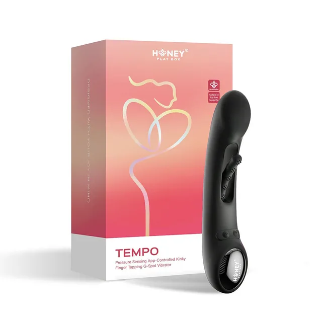 Black Honey Play Box Tempo pressure-sensing vibrator beside coral retail box