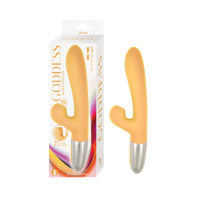 Yellow Goddess tapping thruster displayed beside tall white retail box