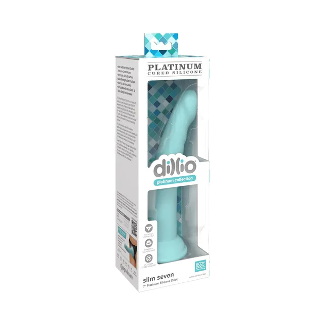 Dillio Slim Seven teal silicone dildo in retail box