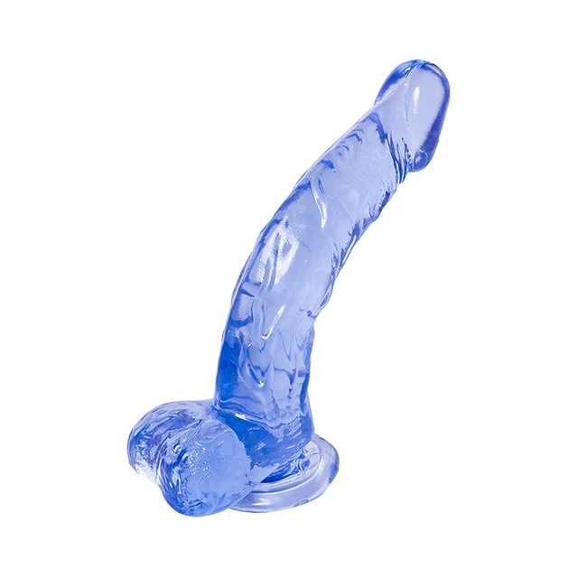 Adam & Eve Cool Curve translucent blue dildo upright angled view with suction base