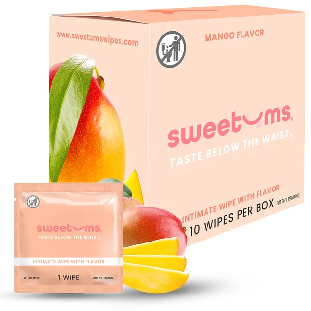 Sweetums Mango intimate wipes box, single packet and mango artwork
