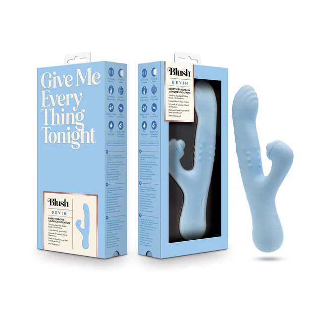 blue Blush Devin dual-arm rabbit vibrator with sliding bead shaft beside box